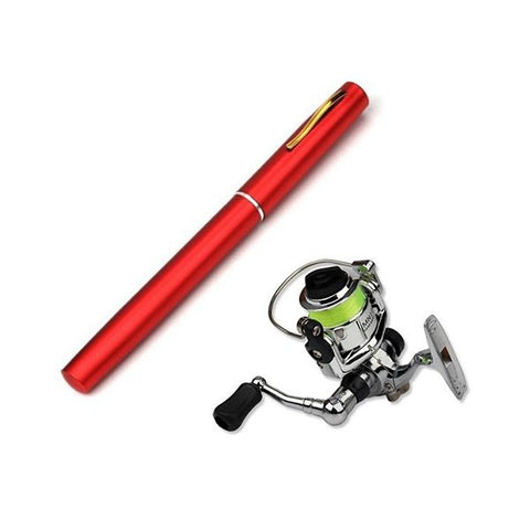 (Red) Portable Pocket Telescopic Mini Fishing Rod Pole, Pen Shape Folded River Lake with Reel Wheel